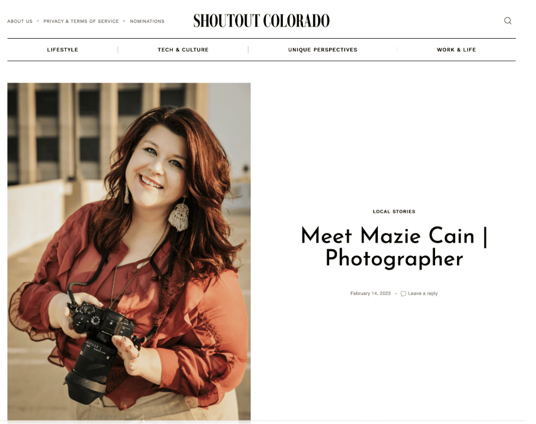 Professional female photographer smiling with camera, portrait of Mazie Cain, talented photographer capturing local stories in Colorado, vibrant lifestyle photography, event, portrait, and commercial photography expert.