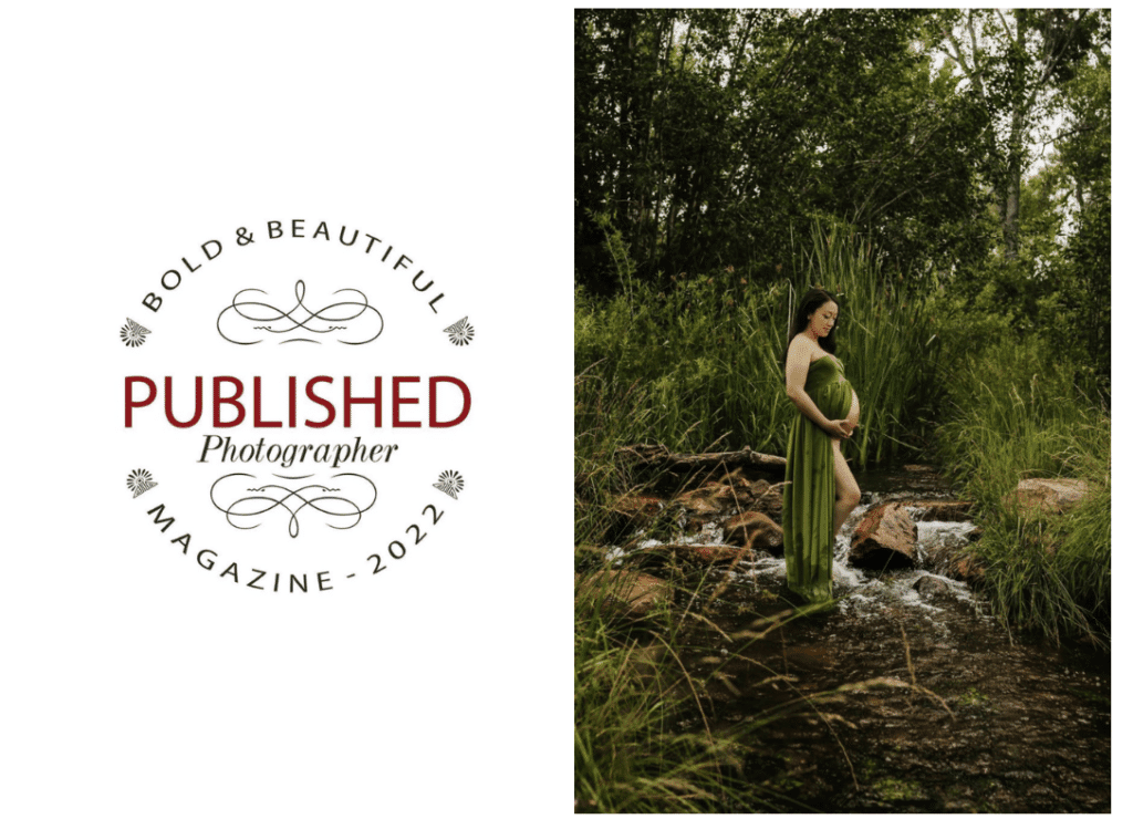 A pregnant woman in a green dress standing on rocks in a flowing creek surrounded by lush greenery, outdoor maternity photography, nature-inspired maternity shoot, forest stream maternity portrait.